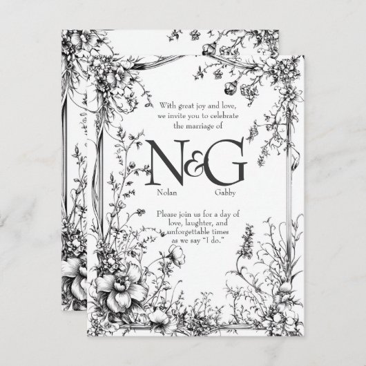 ボタ素朴ニカ、白黒ハンドドロー 招待状 (正面/裏面)