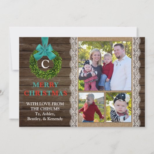 ボックスウッドリースのクリスマスカードと家族の写真3枚 シーズンカード (正面)