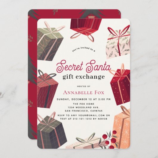 ボックスシークレットサンタギフト交換ホリデー 招待状 (正面/裏面)