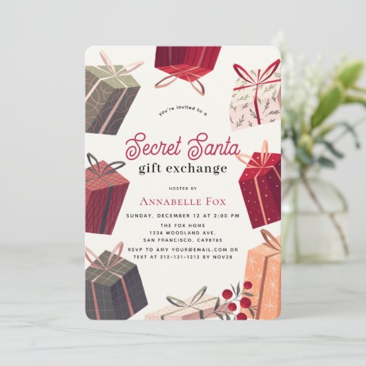 ボックスシークレットサンタギフト交換ホリデー 招待状 (スタンド正面)