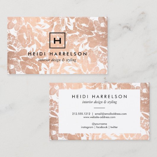 ボックスロゴモノグラムとバラ金ゴールドフローラルパターン 名刺 (正面/裏面)