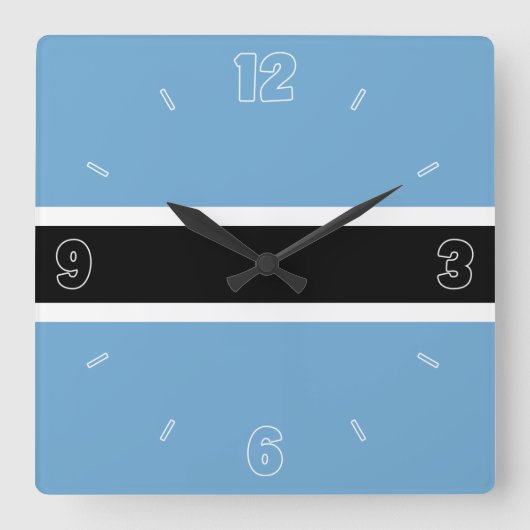 ボツワナ国旗の青い白黒番号愛国 スクエア壁時計 (正面)