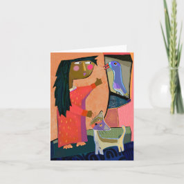 ボテッロの女の子、猫、鳥の挨拶空白のカード サンキューカード