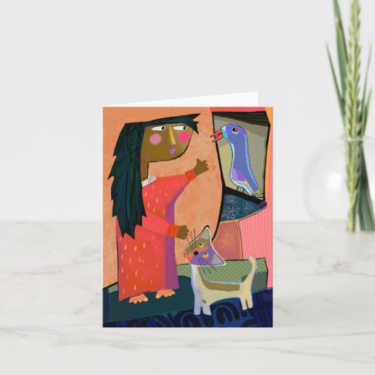 ボテッロの女の子、猫、鳥の挨拶空白のカード サンキューカード (正面)