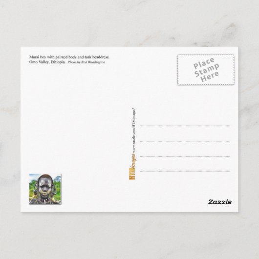 ボディペイントと牙のヘアバンドを付けたムルシの少年 ポストカード (裏面)