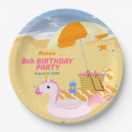 ボディボード女子の楽しいビーチの誕生日パーティー ペーパープレート