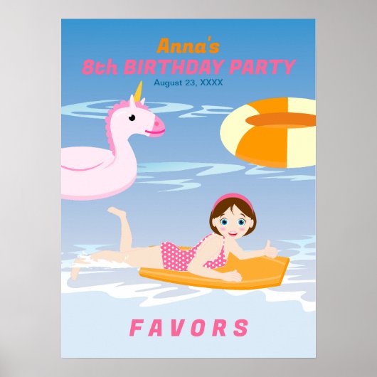 ボディボード女子の楽しいビーチの誕生日パーティー ポスター (正面)