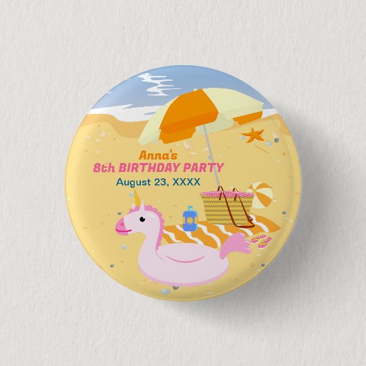 ボディボード女子の楽しいビーチの誕生日パーティー 缶バッジ (正面)