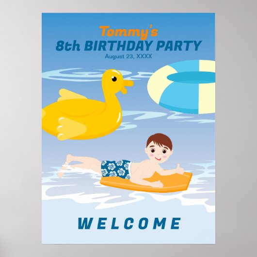 ボディボード男子楽しいビーチ誕生日パーティー ポスター (正面)