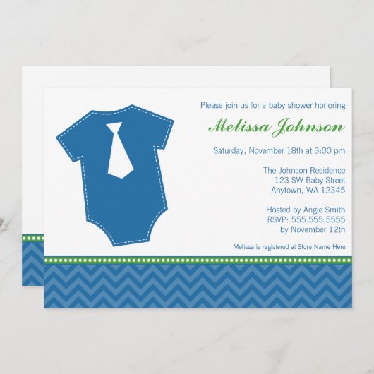 ボディースーツの青い緑の少年のベビーシャワーを結ぶ小男 招待状 (正面/裏面)
