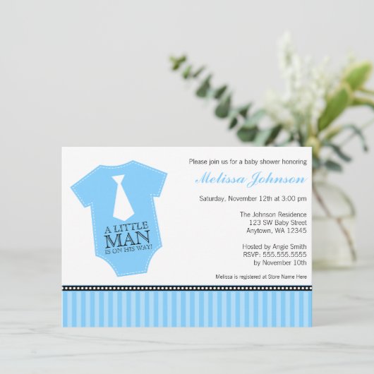 ボディースーツの青い黒い少年のベビーシャワーを結ぶ小さな男 招待状 (スタンド正面)