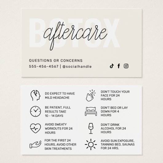 ボトックス充填剤注入アフターケア指示カード (正面&裏面)