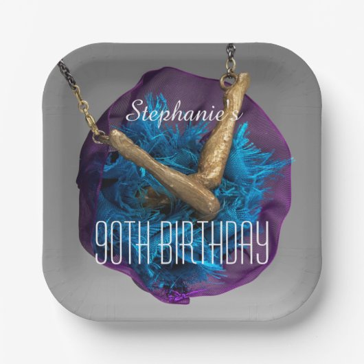 ボトムズアップパープルとグレーの90th誕生日パーティー ペーパープレート (正面)