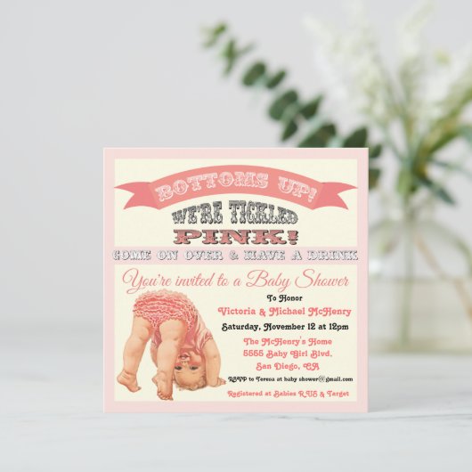 ボトムズアップヴィンテージベビーガールシャワー招待状 招待状 (スタンド正面)