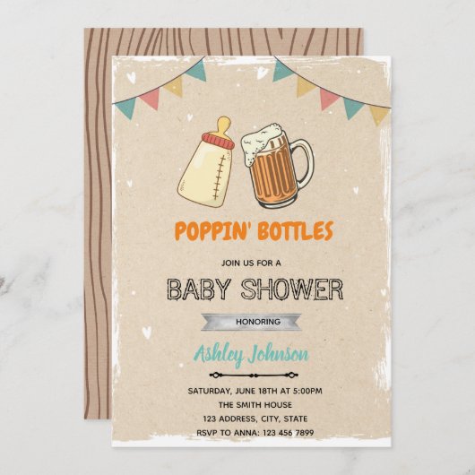 ボトルが弾けるベビーシャワーテーマの招待状 招待状 (正面/裏面)