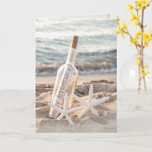 ボトルとヒトデの幸せな記念日のメッセージ カード (黄色い花)