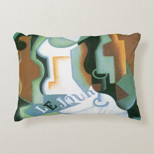 ボトルとフルーツディッシュbyフアン・グリス，ヴィンテージキュービズム アクセントクッション (正面)