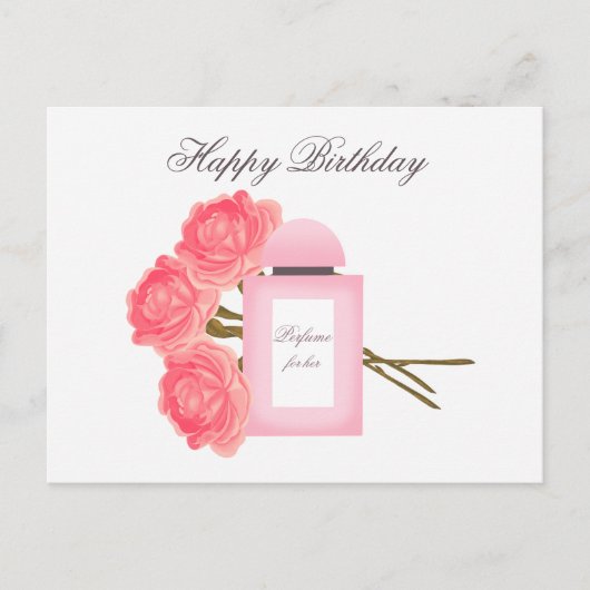 ボトルの香水とブーケのバラ ポストカード (正面)