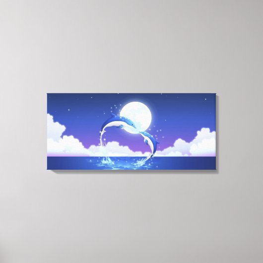 ボトルの鼻を持つ2羽のイルカが水から飛び出した キャンバスプリント (正面)