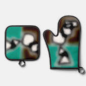 ボトル内のメッセージ:抽象芸術ブラウン、ティール(緑がかった色)、B & W 鍋つかみ&鍋敷きセット (正面)