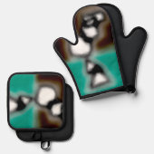 ボトル内のメッセージ:抽象芸術ブラウン、ティール(緑がかった色)、B & W 鍋つかみ&鍋敷きセット (正面/裏面)