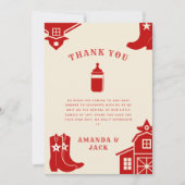 ボトル&ブーツカウボーイレトロレッドベビーシャワー サンキューカード (正面)