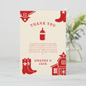 ボトル&ブーツカウボーイレトロレッドベビーシャワー サンキューカード (スタンド正面)