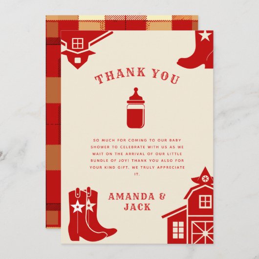 ボトル&ブーツカウボーイレトロレッドベビーシャワー サンキューカード (正面/裏面)
