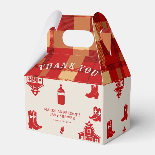 ボトル&ブーツカウボーイレトロレッドベビーシャワー フェイバーボックス (正面サイド)