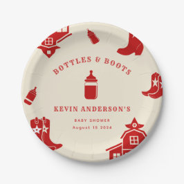 ボトル&ブーツカウボーイレトロレッドベビーシャワー ペーパープレート
