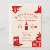 ボトル&ブーツカウボーイレトロレッドベビーシャワー 招待状 (正面)