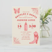 ボトル&ブーツバタフライ女性のカーボーイベビーシャワー 招待状 (スタンド正面)