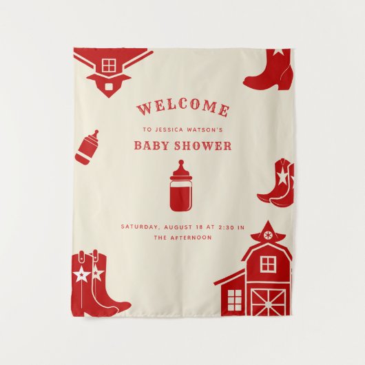ボトル＆ブーツ カウボーイ レトロ レッド ベビーシャワー タペストリー (正面)