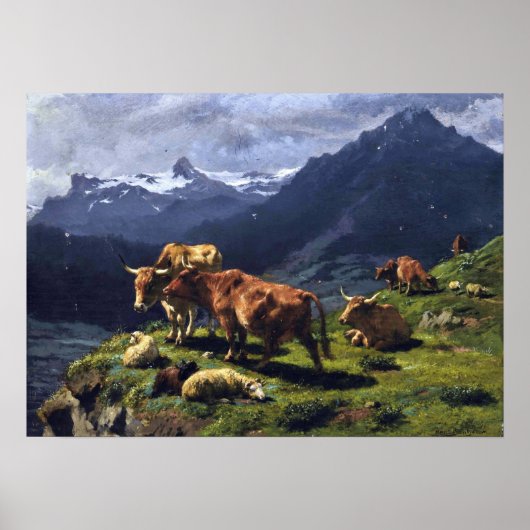 ボヌール – アルプスの風景の中の牛と羊 ポスター (正面)