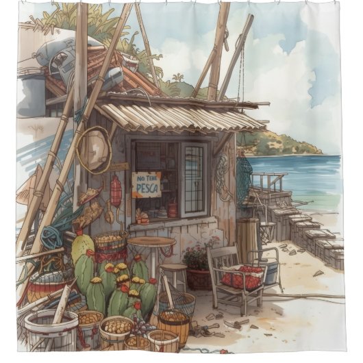 ボネール島のフィッシュシャック シャワーカーテン (正面)