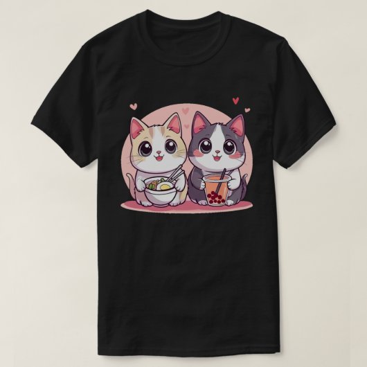 ボバおもしろいラーメン猫かわいいアニメ日本かわいい猫 Tシャツ (デザイン正面)