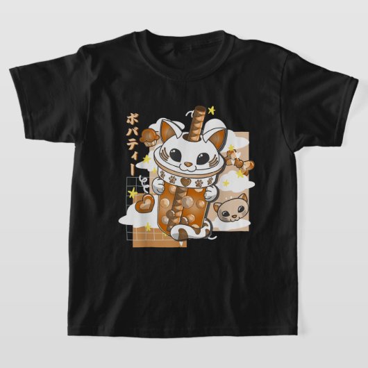 ボバティーかわいい猫バブルティーかわいいアニメ日本の Tシャツ (レイダウン)
