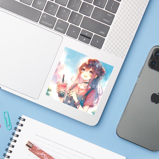 ボバティーを持つかわいいアニメの少女|過去記事 シール (ノートパソコンとiPhone)