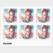 ボバティーを持つかわいいアニメの少女|過去記事 スクエアシール (シート)