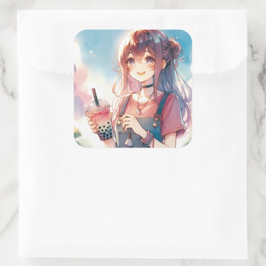 ボバティーを持つかわいいアニメの少女|過去記事 スクエアシール (バッグ)