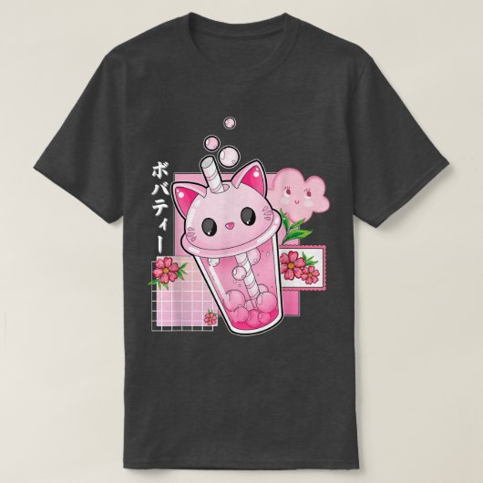ボバティーキャットバブルティーかわいいアニメ日本のガール Tシャツ (デザイン正面)