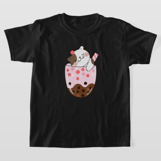 ボバティーキャットバブルティーかわいいアニメ日本のガール Tシャツ (レイダウン)