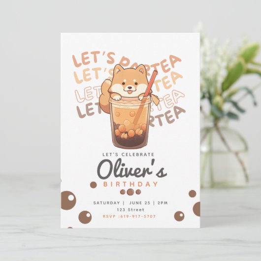 ボバティー柴犬誕生日招待状 招待状 (スタンド正面)