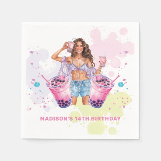 ボバブルティー誕生日 パーソナライズされた スタンダードカクテルナプキン (正面)
