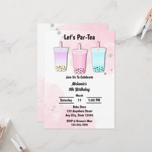 ボバミルクティーバブル誕生日 招待状 (正面/裏面インサイチュ)
