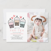 ボバ バブルティーパーティー ガール フォト 1歳 誕生日 招待状 (正面)