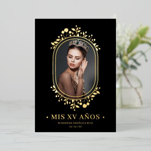 ボファンシータニカルオーバルフレームスペインのキンセアニラ 箔招待状 (立ち正面)