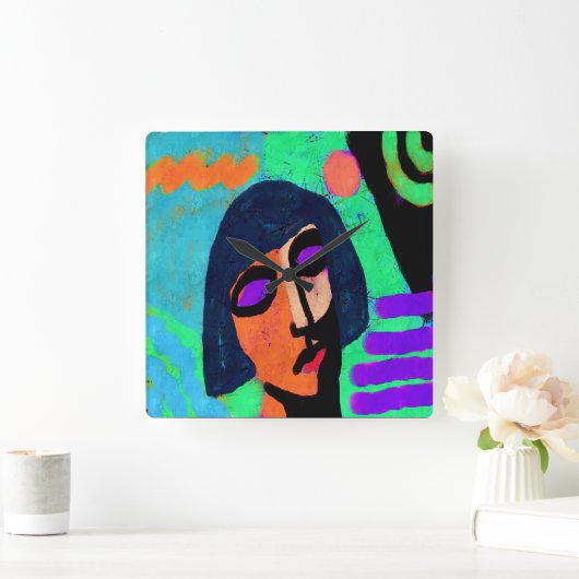 ボブヘアカット抽象芸術の女性 スクエア壁時計 (ホーム)