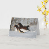 ボブラングリシュ |モルガンの馬2頭と犬2頭が雪の中 カード (黄色い花)
