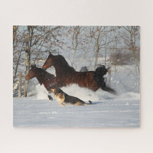 ボブラングリシュ 雪の中のモーガンの馬と犬が2頭 ジグソーパズル (横)